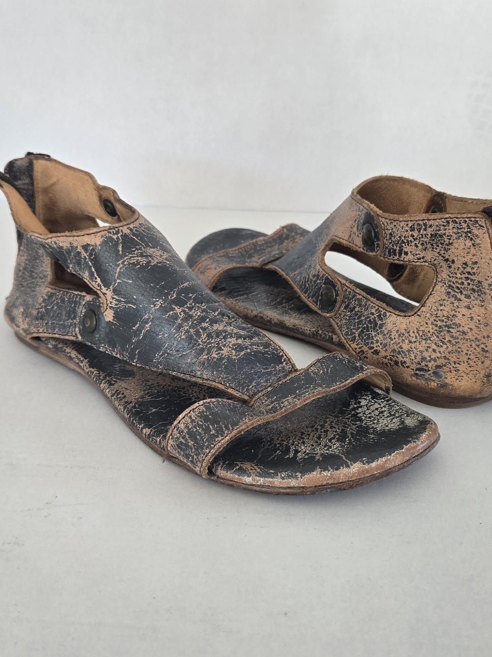 BED|STU Distressed Two-Tone Black & Tan Leather Cutout Sandals